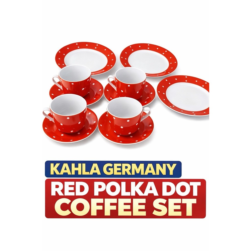 Kahla Germany Red White Polka Dot 12 Pc Coffee Set Cups Saucers Bowls